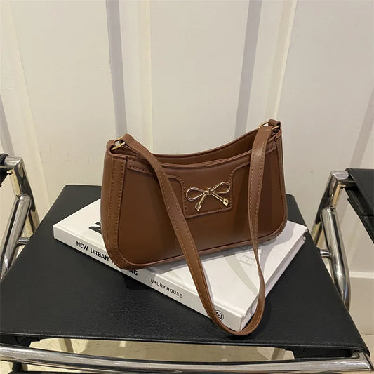 Chic Handbag Shoulder Bag for Women Elegant Underarm Purse with Golden-Tone Bow Detail, PU Material, Perfect for Everyday Use