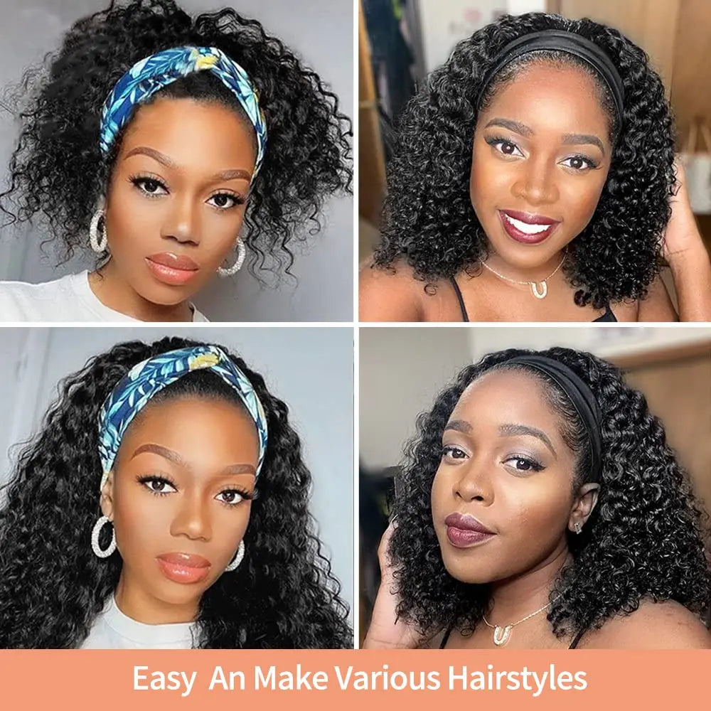 Human Hair Headband Wig Short Curly Human Hair Wigs Full Machine Made Indian Remy Human Hair Wigs For Black Women 180% Density