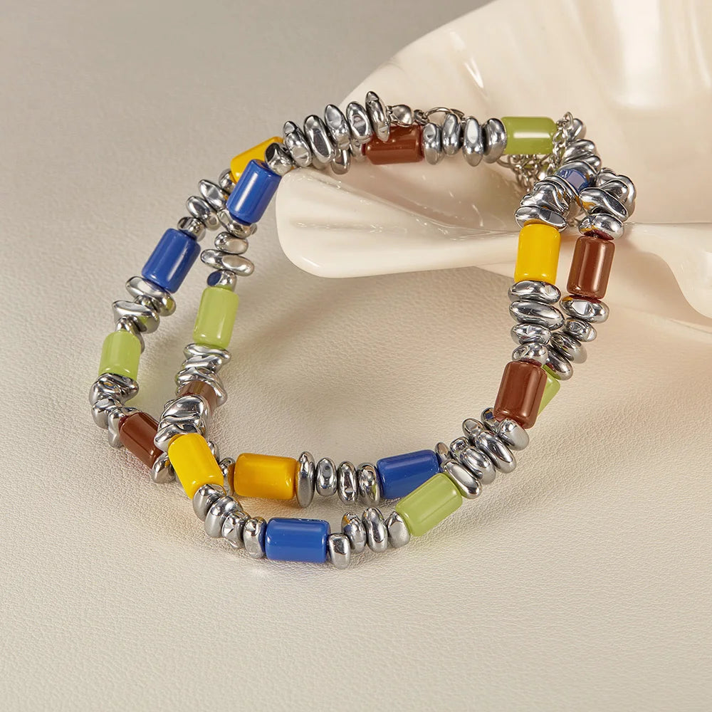 Necklaces and Bracelet Set for Women Beautiful Colorful Hand Chains Fashion Jewelry Stainless Steel Gold Color