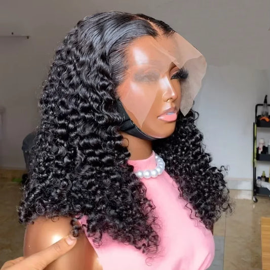 Brazilian 100% Human Deep Curly Bob Hair Wigs Natural Black Color Deep Wave HD Lace Front Part 13x4 Transparent Lace Wigs
