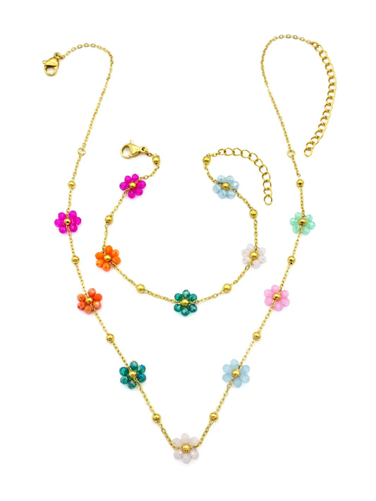 2 pieces of Bohemian style women's multicolored campus fashion small flower beaded necklaces and bracelets, dance party jewelry