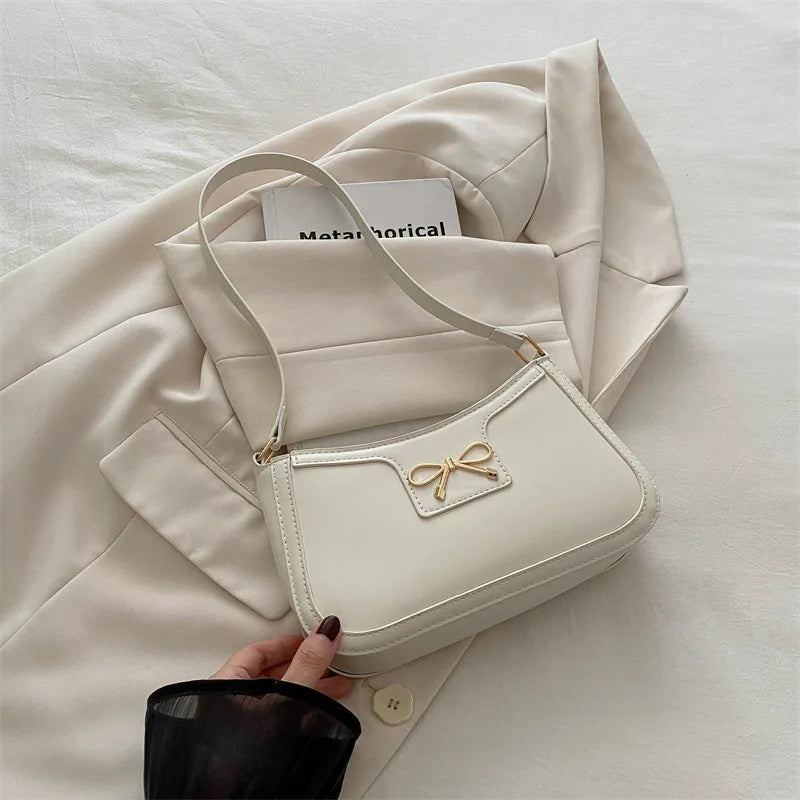 Chic Handbag Shoulder Bag for Women Elegant Underarm Purse with Golden-Tone Bow Detail, PU Material, Perfect for Everyday Use