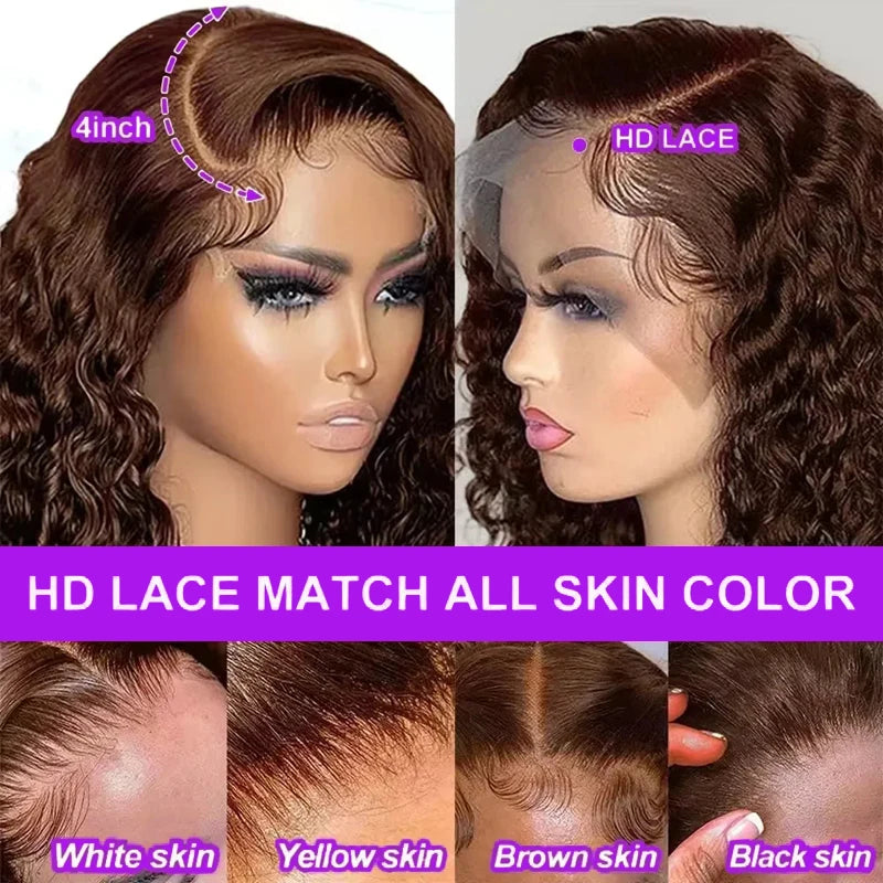 Deep Curly Chocolate Brown 200% Density Bob Wig Wet And Water Wavy Pre Plucked Virgin Hair 13x4 Lace Frontal Human Hair Wigs #4