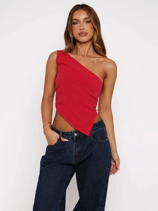 Inclined Shoulder Halter Top Asymmetrical Crop Tops Bandage Y2k Clothes Backless Hot Tops For Women Streetwear Tie Back Corset