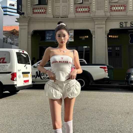 Oshfall European and American hot girls 2024 summer new sexy sleeveless letter print slim tube top sweet spicy women's top