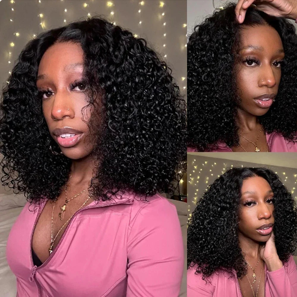 Brazilian 100% Human Deep Curly Bob Hair Wigs Natural Black Color Deep Wave HD Lace Front Wigs 13x4 Transparent Lace Frontal Wig