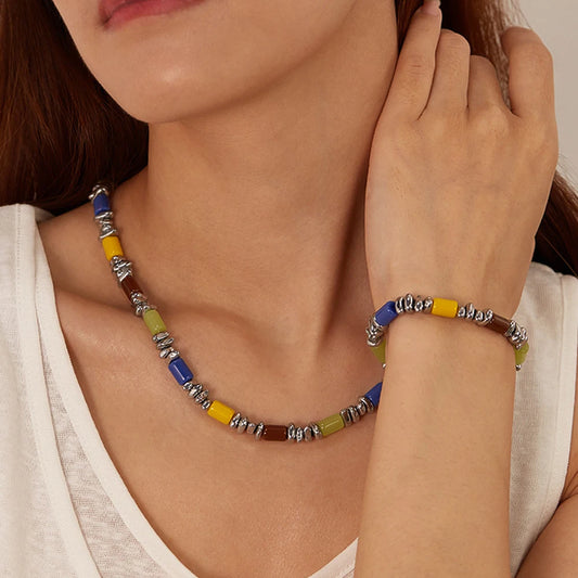 Necklaces and Bracelet Set for Women Beautiful Colorful Hand Chains Fashion Jewelry Stainless Steel Gold Color