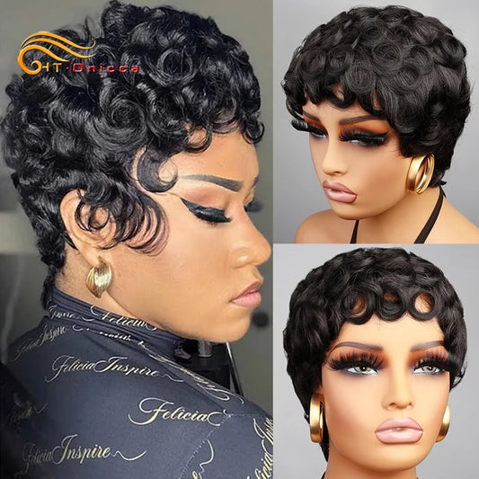 Curly 100% Human Hair Wigs Brazilian Remy Hair Pixie Cut Wigs Human Hair For Women Full Machine Made Wigs 150% Natural Color